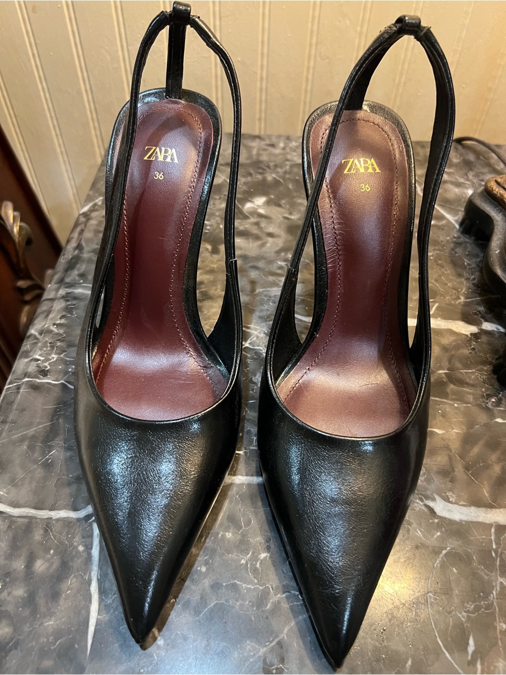 Zara Black Pointed Slingback Leather Heels